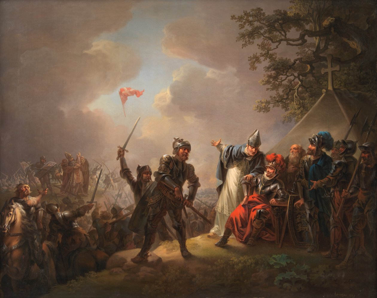 Legenden om det danske flag (Dannebrog) falder ned fra himlen under slaget ved Lyndanise (Tallin) i Estland i 1219 af C.A. Lorentzen