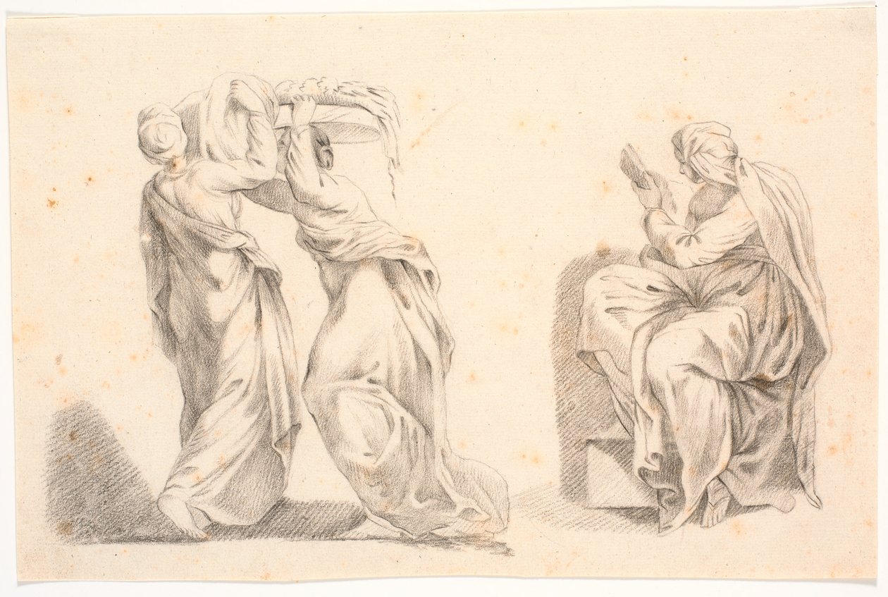 To kvinder i klassiske gevandter bærende en kurv samt en sibylle efter Michelangelo af C.A. Lorentzen