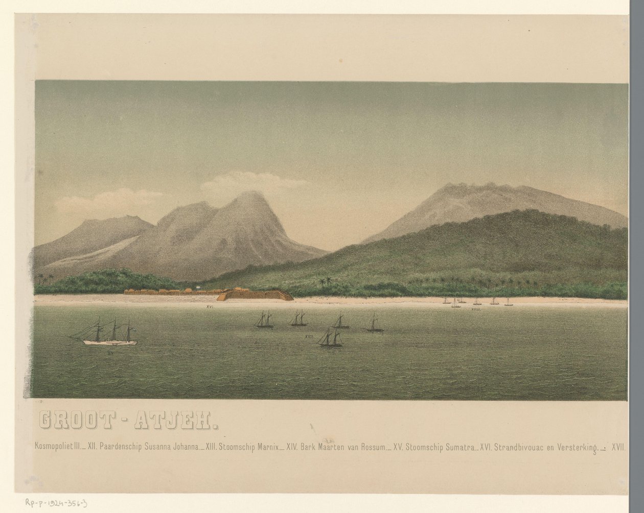 Udsigt over kysten af ​​Greater Aceh, med flåden fra den første Aceh-ekspedition ud for kysten, del tre The Greater Aceh Road (titel på objekt) af C.A. Whitten