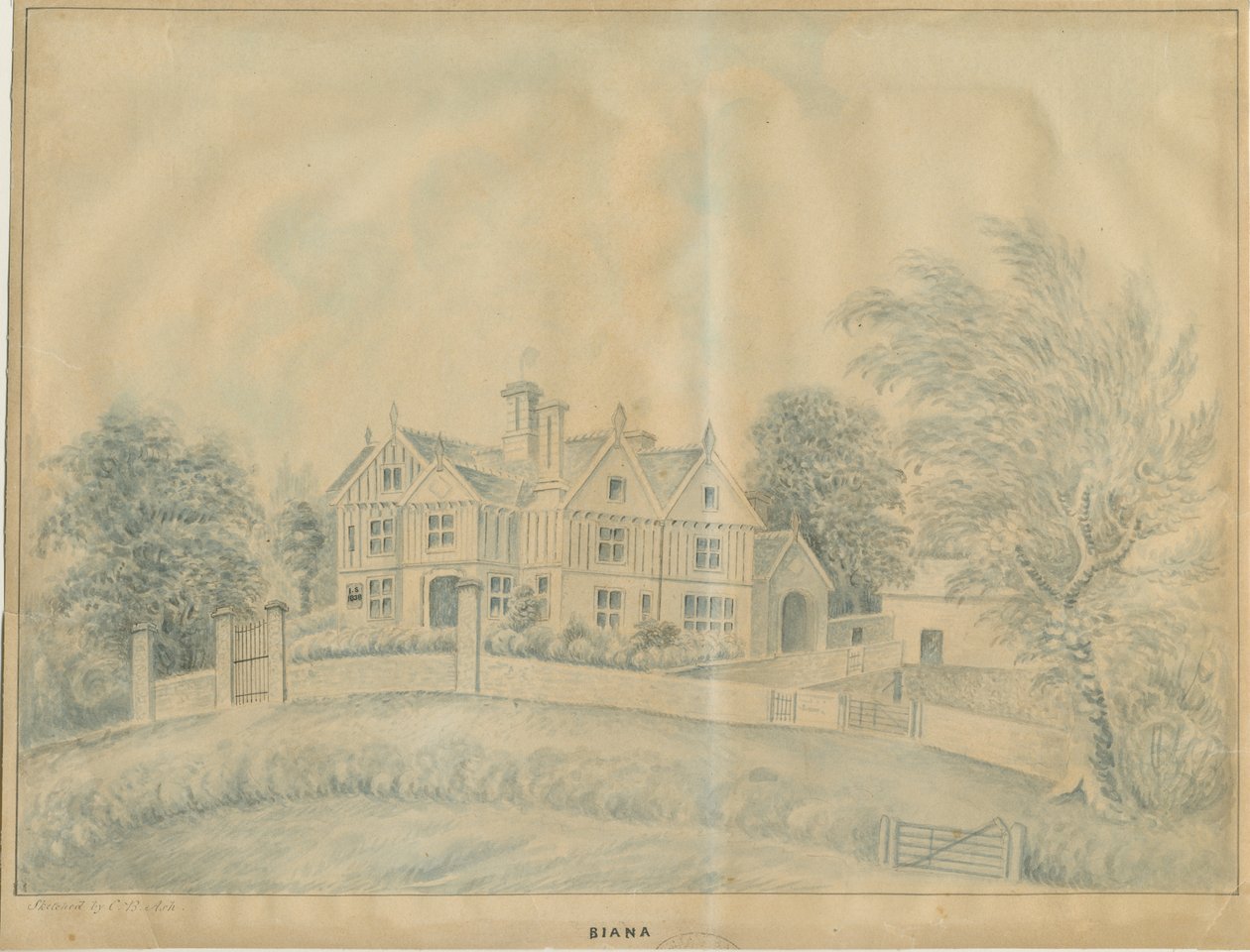 Eccleshall - Biana Hall: blå vask tegning, og [midten af det 19. århundrede] af C.B Ash