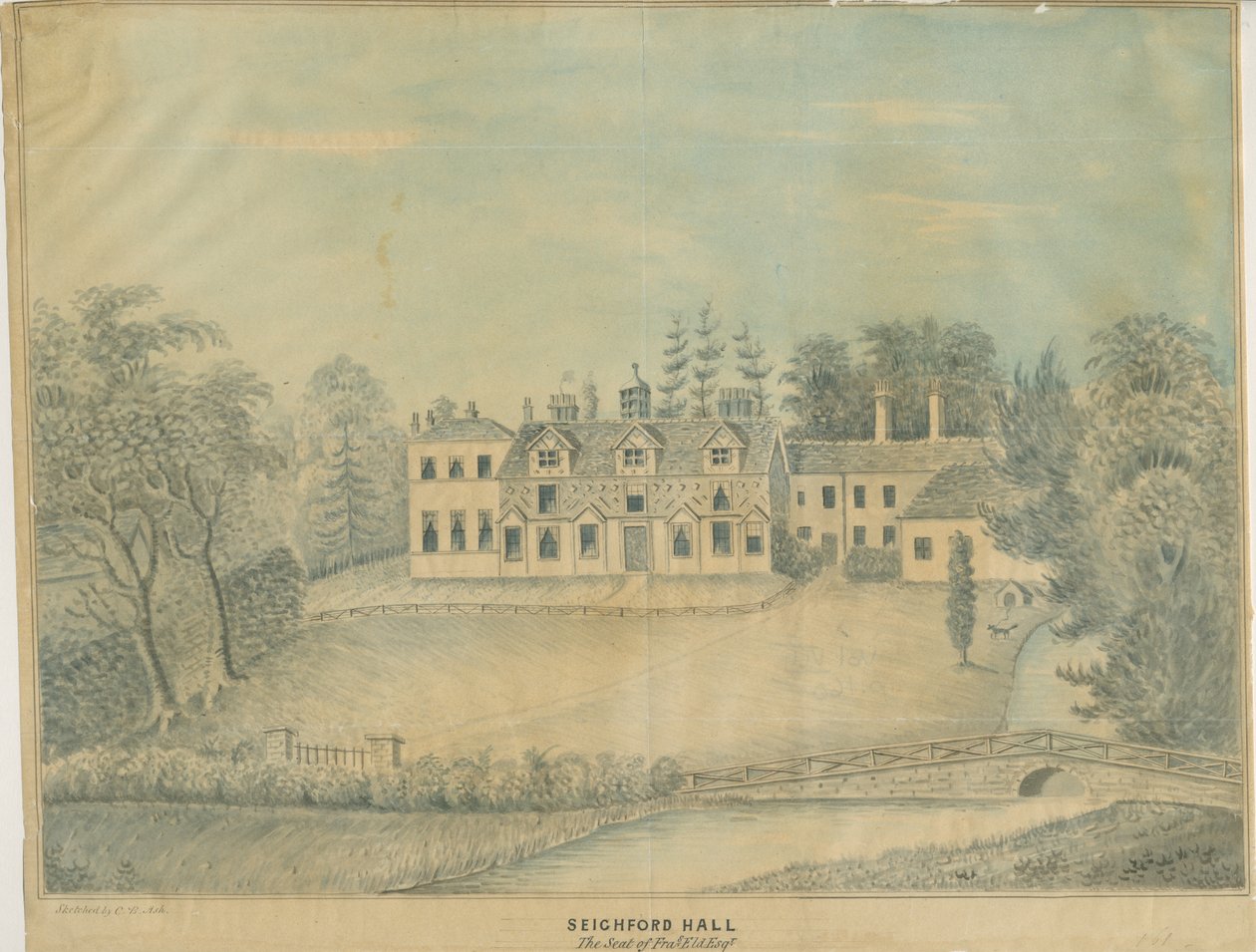 Seighford Hall: farvet vasketegning og [midten af det 19. århundrede] af C.B Ash