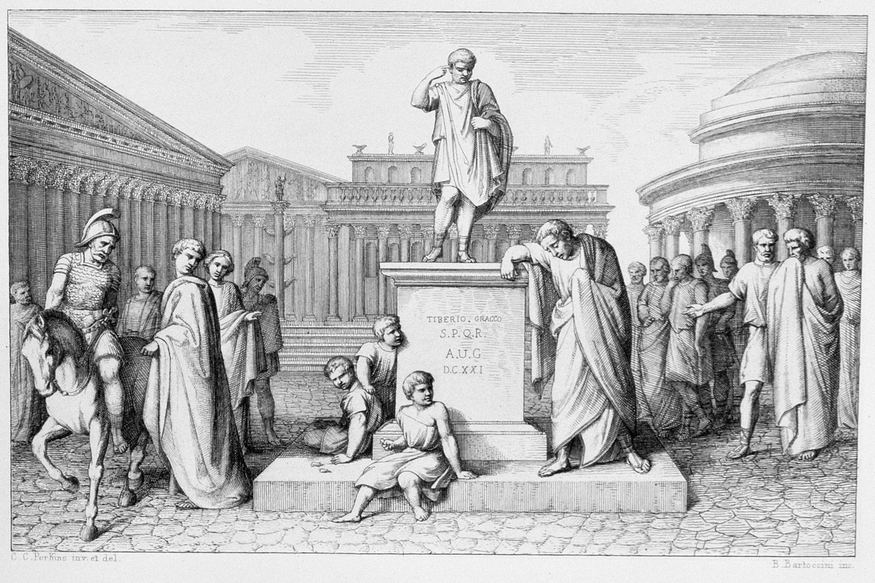 Gaius Gracchus græder foran sin fars statue, indgraveret af B.Barloccini, 1849 af C.C Perkins