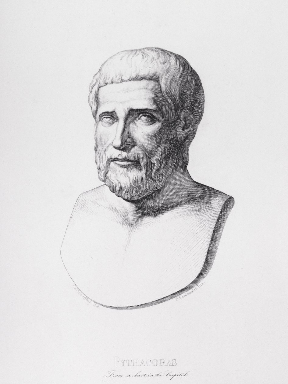 Portræt af Pythagoras (ca. 580-500 f.Kr.) indgraveret af B. Barloccini, 1849 af C.C Perkins