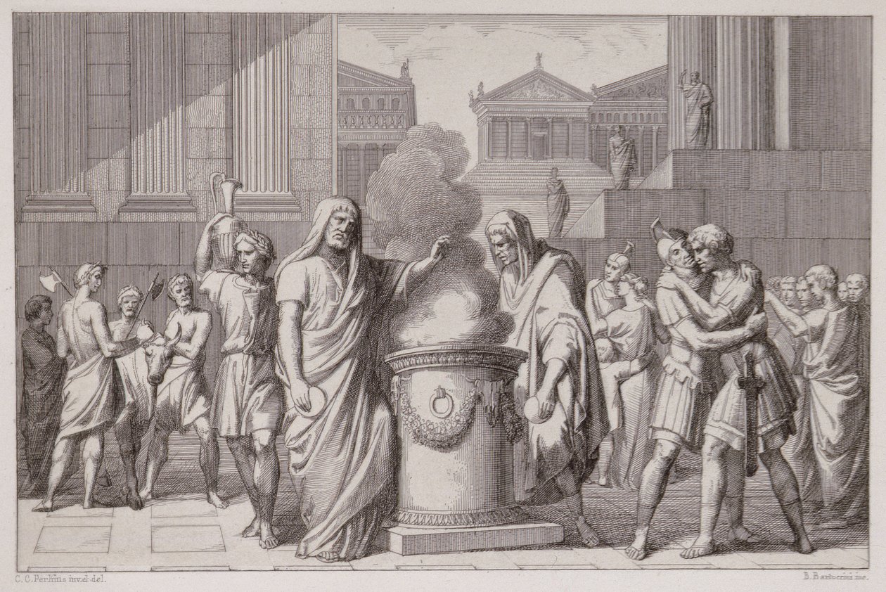 Mødet mellem Camillus og Manlius efter gallernes tilbagetog, indgraveret af B.Barloccini, 1849 af C.C Perkins