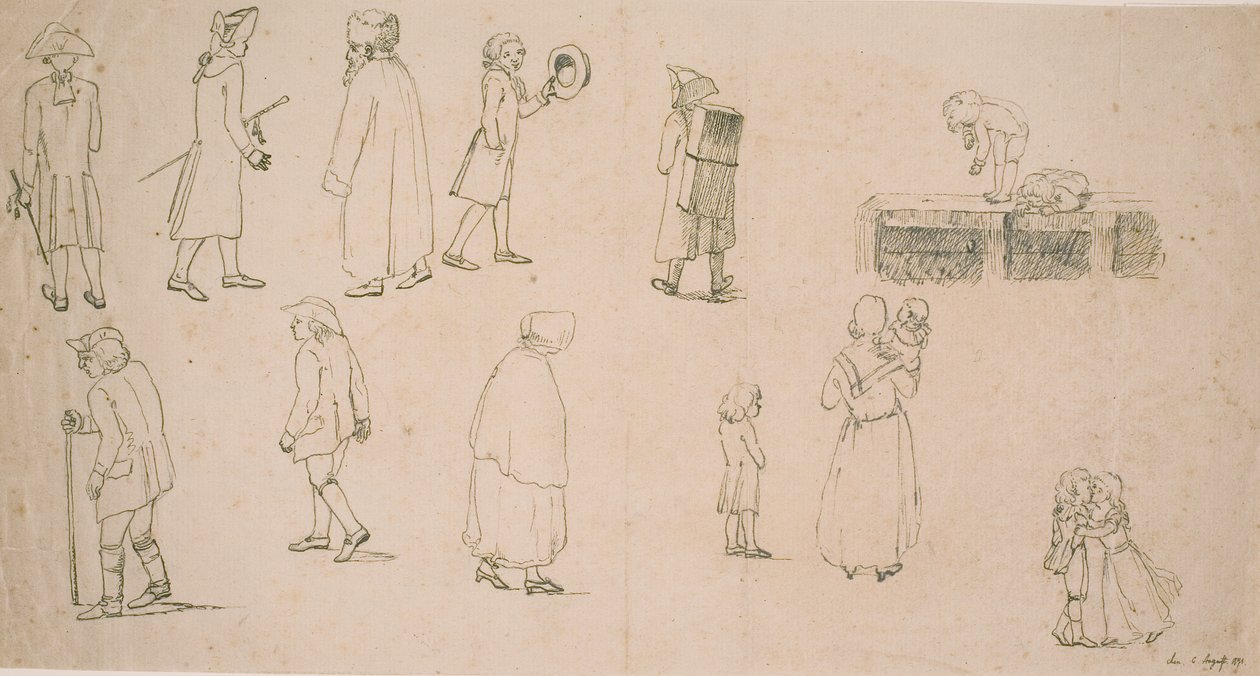 Forskellige figurer, bla. 2 grupper med legende børn samt "portrætmaler Hansen" af C.D. Fritzsch