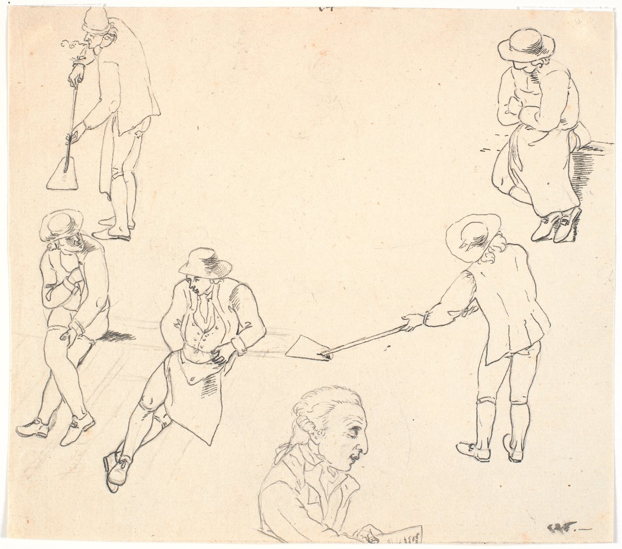 Skitse med seks mandlige figurer, to med skovle, tre siddende, samt en mandsprofil af C.D. Fritzsch