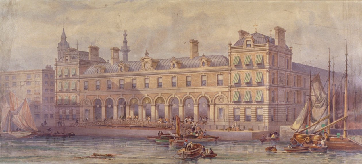 Udsigt over Billingsgate Market med figurer og både i forgrunden, London, 1877 af CF Kell