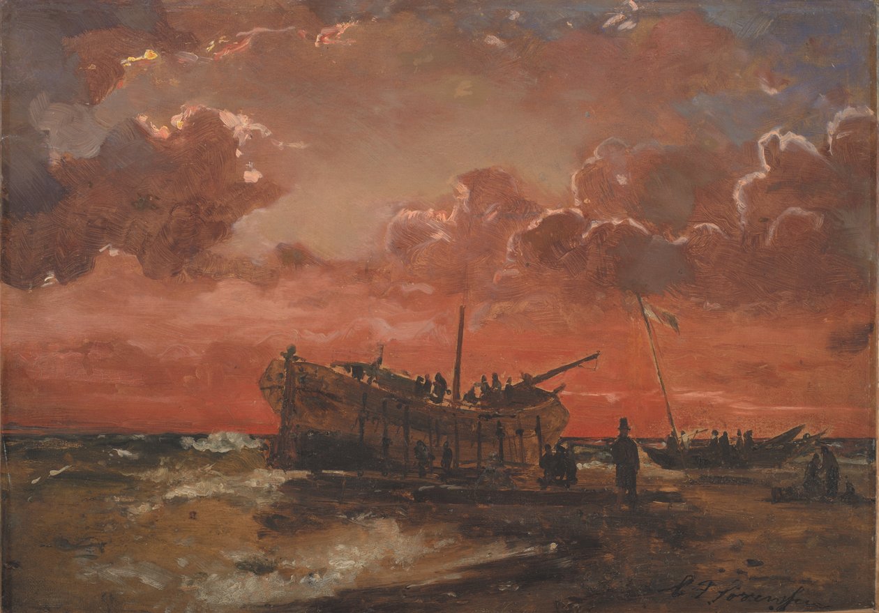 Et vrag på den jyske vestkyst ved solnedgang af C.F. Sørensen