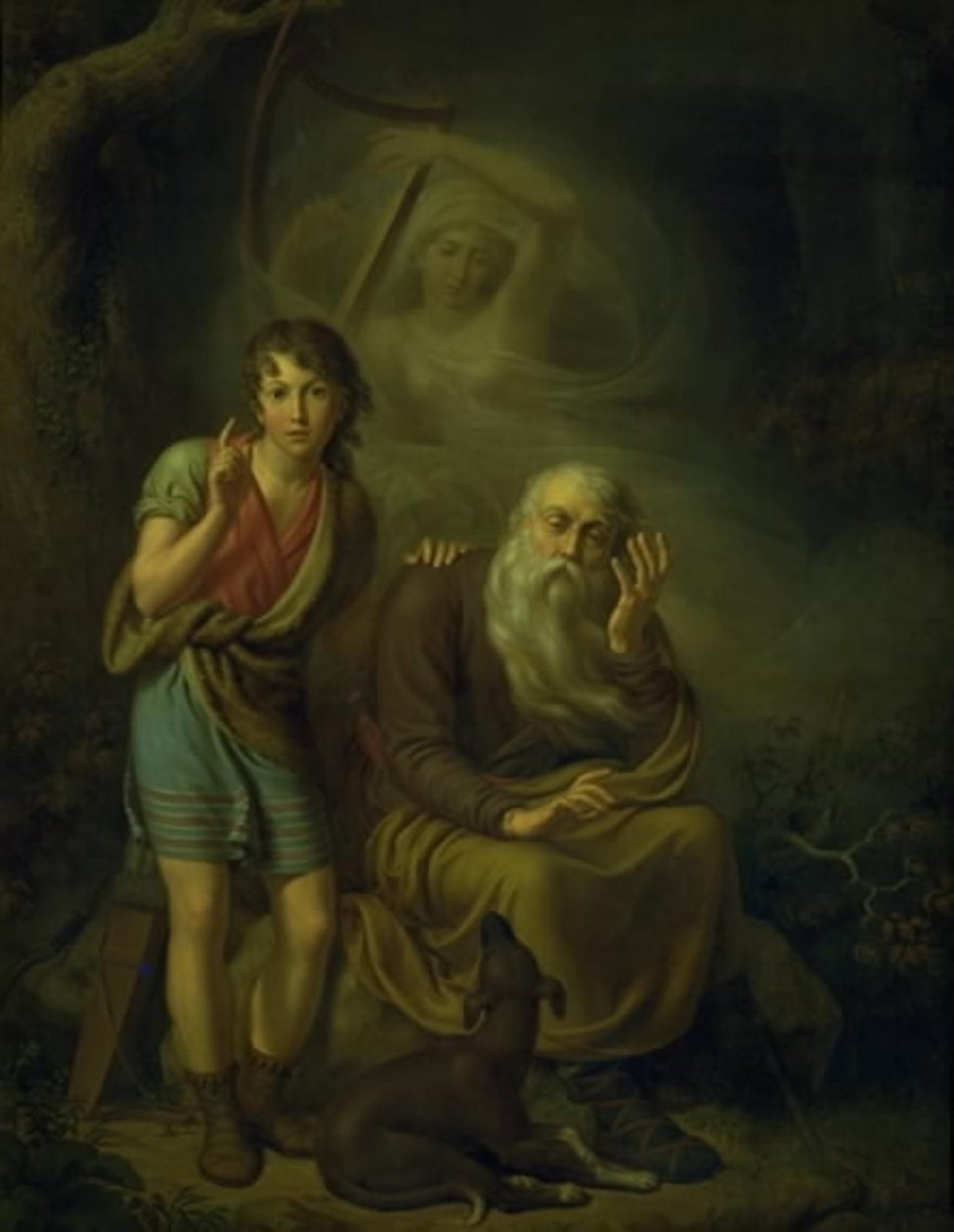 Ossian og Alpins søn, der hører Malvinas ånd røre ved harpen. Illustrerer Ossians svanesang af C.G. Kratzenstein Stub