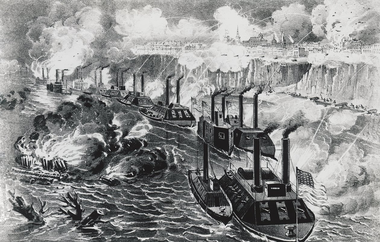 Admiral David Dixon Porters flåde kører oprørsblokade på Mississippi ved Vicksburg, 16. april af J.B. and Brown J. Rowbotham