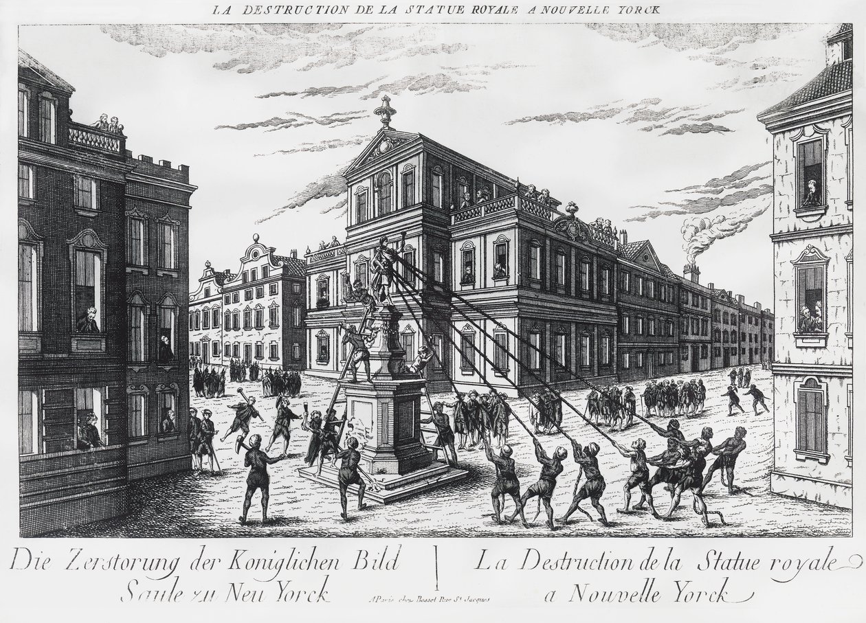 Amerikanske separatister trækker monumentet over kong George af England ned til New York af J.B. and Brown J. Rowbotham
