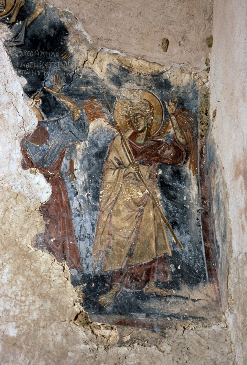 Engel og helgen, detalje fra fresko i kirken Agios Georgios Apodoulou, Apodoulou, Kreta, Grækenland (foto) af J.B. and Brown J. Rowbotham