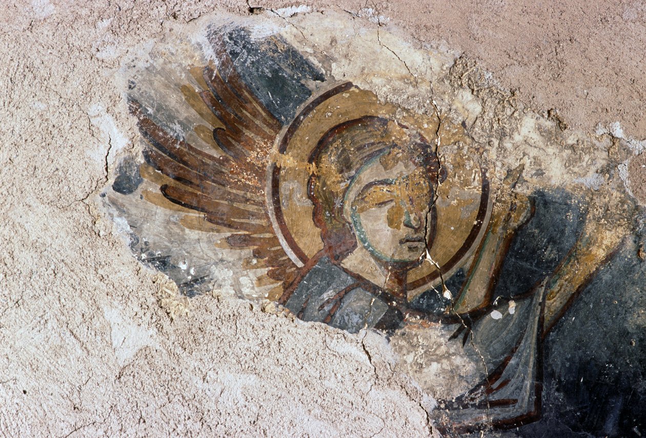 Engel, fresko i den byzantinske kirke Agios Georgios, Apodoulou, Kreta, Grækenland (foto) af J.B. and Brown J. Rowbotham