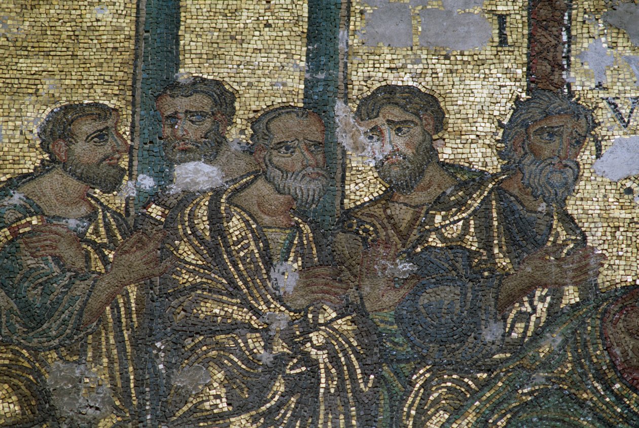 Afbildning af apostlene, detalje fra Tvivlen af St. Thomas-mosaikken, Fødselskirken (Unescos verdensarvsliste, 2012), Betlehem, Palæstina af J.B. and Brown J. Rowbotham