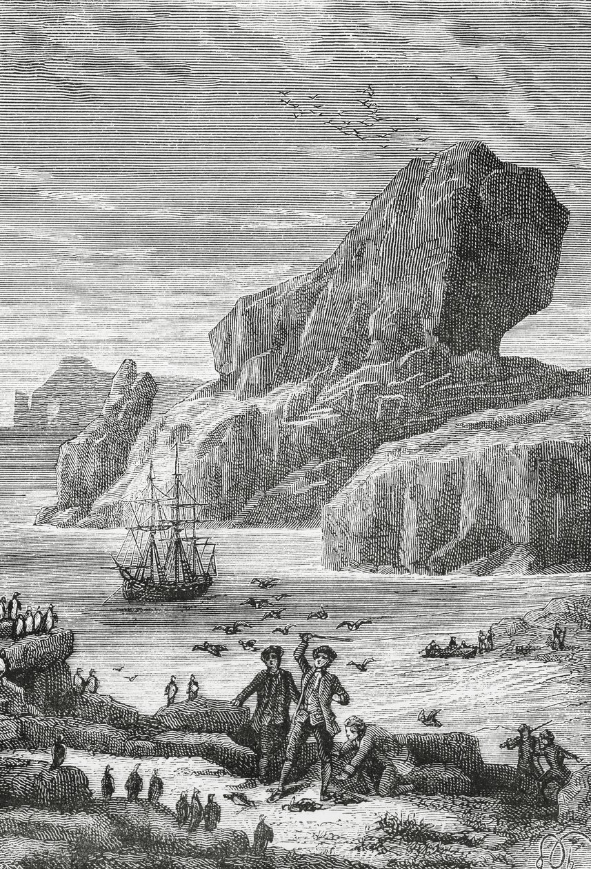 Opdagelsen af Austral Frankrig (Kerguelen Islands) af den franske opdagelsesrejsende Yves-Joseph de Kerguelen-Tremarec (1734-1797), februar 1772, gravering, Det Indiske Ocean, det franske sydlige og antarktiske territorium af J.B. and Brown J. Rowbotham