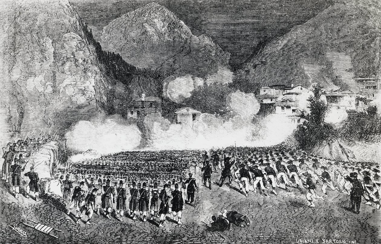 General Giacomo Medicis division angriber Levico Terme, Trentino-Alto Adige, juli 1866, tredje uafhængighedskrig, gravering, Italien af J.B. and Brown J. Rowbotham