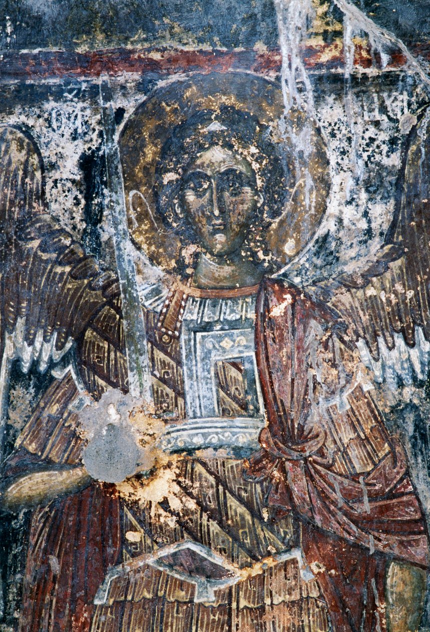 Hest, beskadiget freskomaleri på loftet af kirken Agios Vasileios, Vavouledo, Kreta, Grækenland (foto) af J.B. and Brown J. Rowbotham