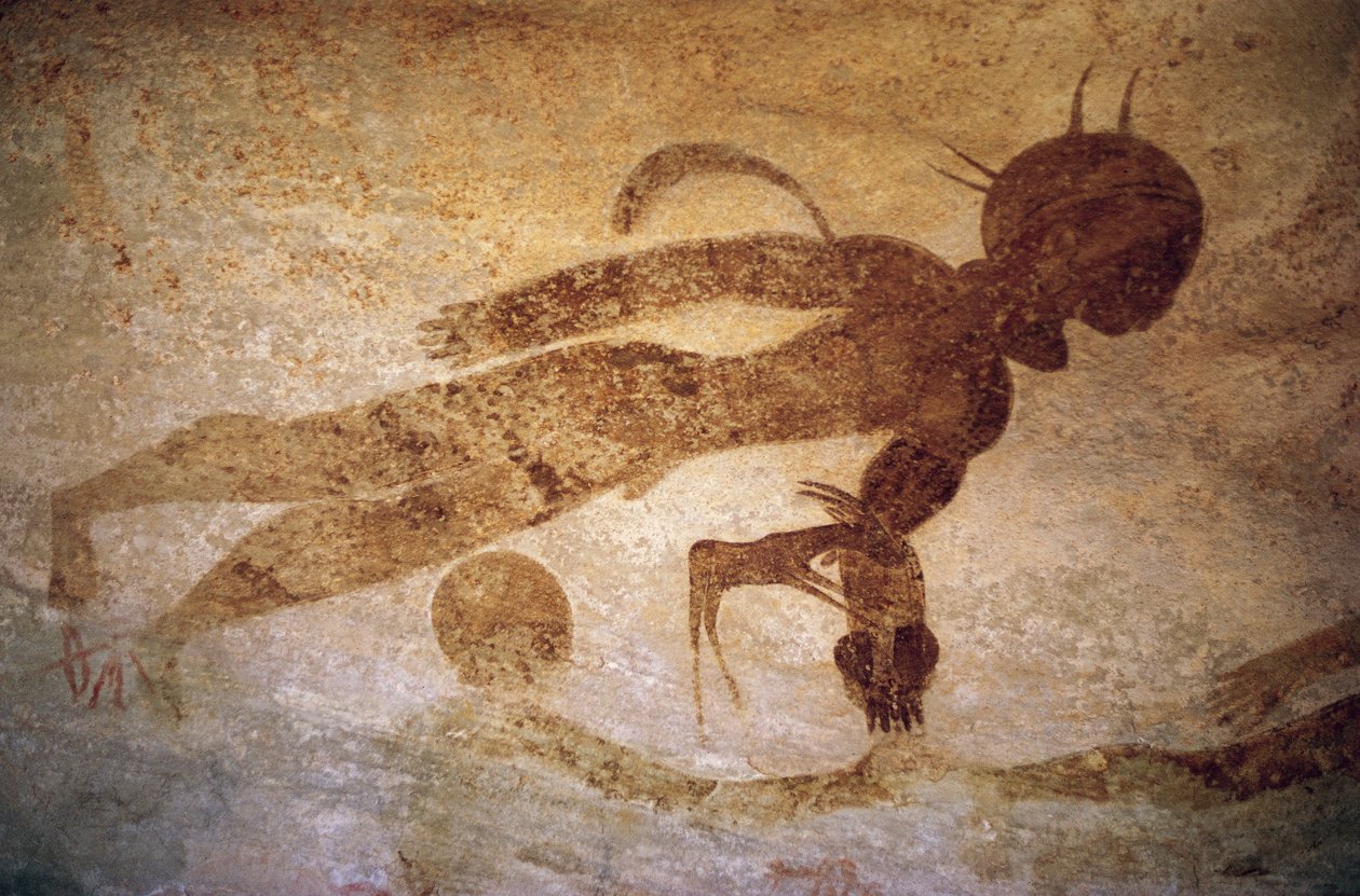 Menneskelig figur i stil med mænd med runde hoveder, hulemaleri, Tassili n