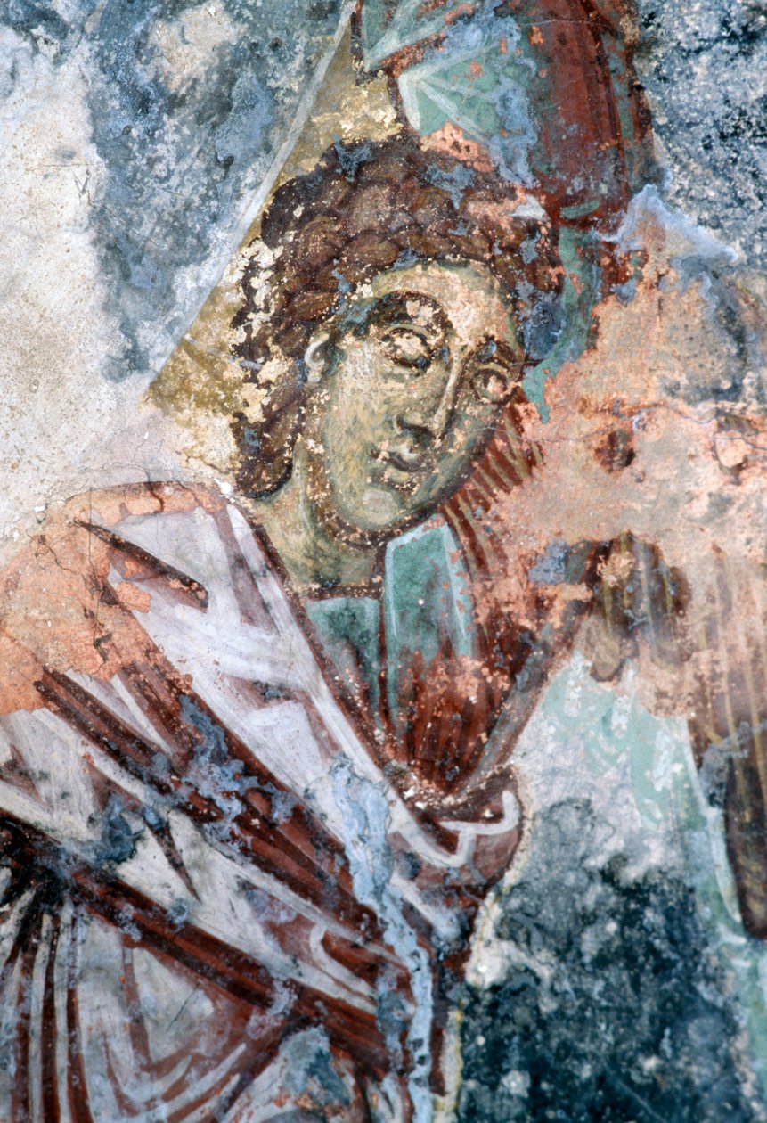Mandsfigur, beskadiget freskomaleri på loftet af kirken Agios Vasileios, Vavouledo, Kreta, Grækenland (foto) af J.B. and Brown J. Rowbotham