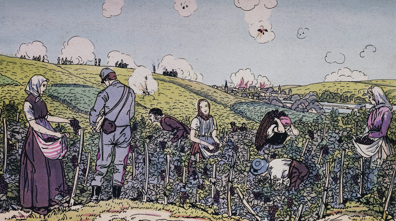 Vores vinbønder høstede under ild, høsten i Champagne-regionen i 1914, Første Verdenskrig, Frankrig, 20. århundrede af J.B. and Brown J. Rowbotham