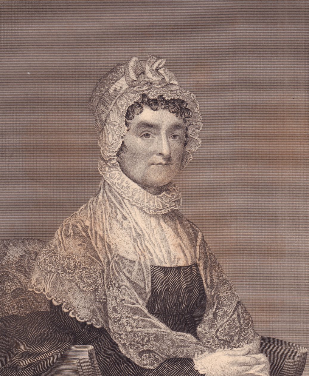 Portræt af Abigail Adams (1744-1818), hustru til den amerikanske præsident John Adams, gravering af G Stuart og F E Jones af J.B. and Brown J. Rowbotham