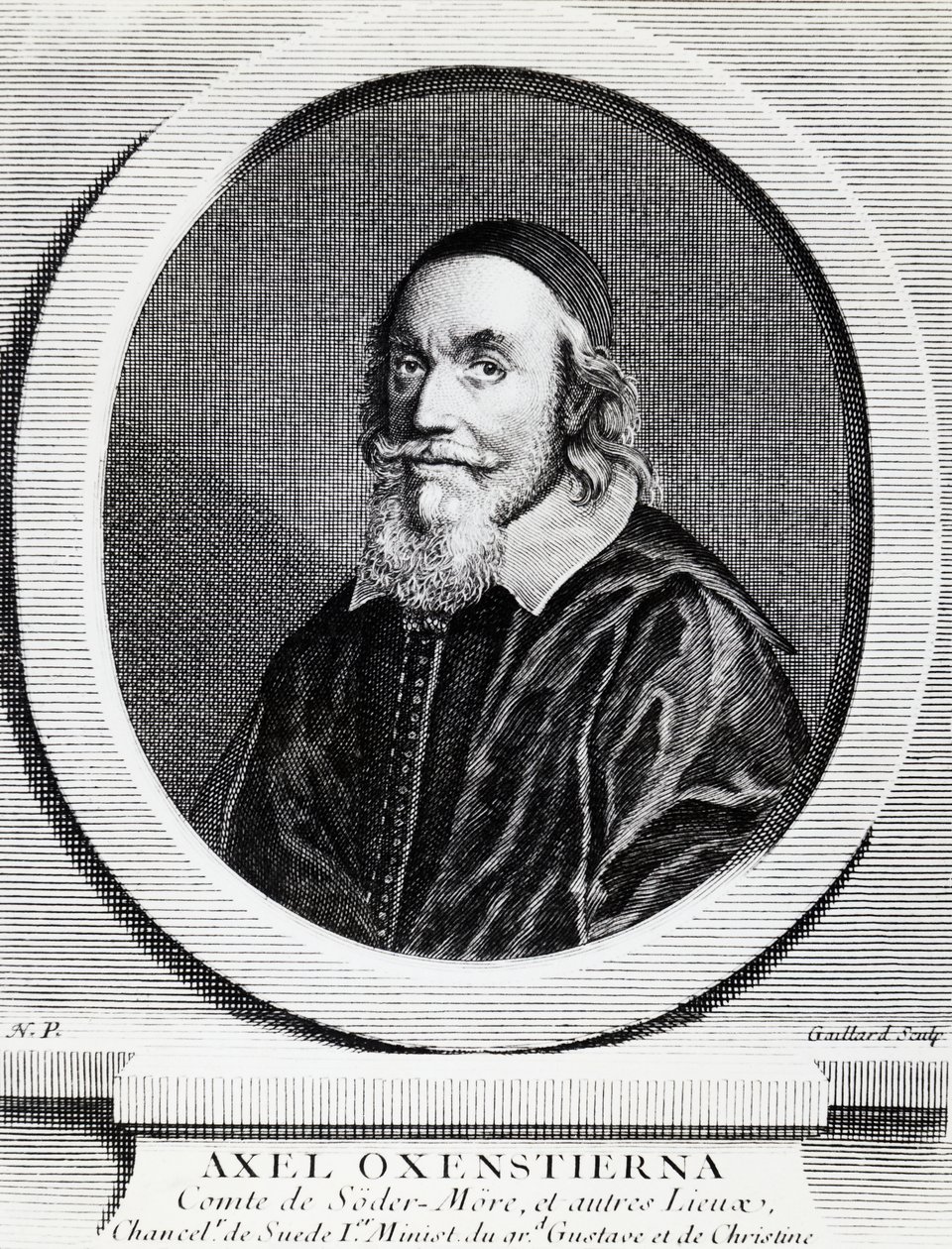 Portræt af Axel Oxenstierna Gustafsson (1583-1654), kansler for Kongeriget Sverige, gravering af J.B. and Brown J. Rowbotham
