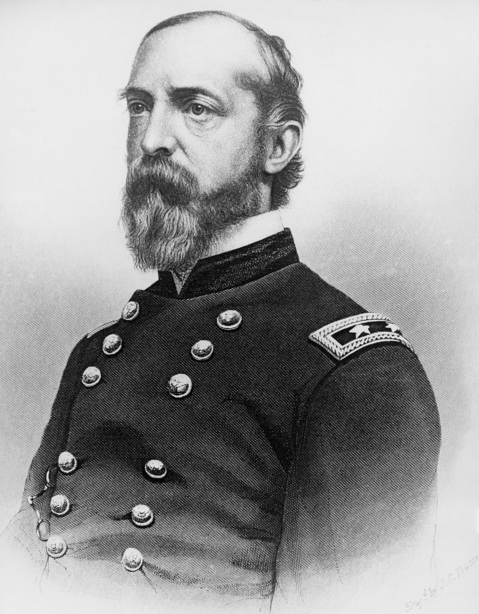 Portræt af George Gordon Meade (1815-1872), general og civilingeniør fra den amerikanske hær, der spillede en afgørende rolle i den amerikanske borgerkrig ved at besejre den konfødererede hær ved Gettysburg, gravering efter fotografi af J.B. and Brown J. Rowbotham