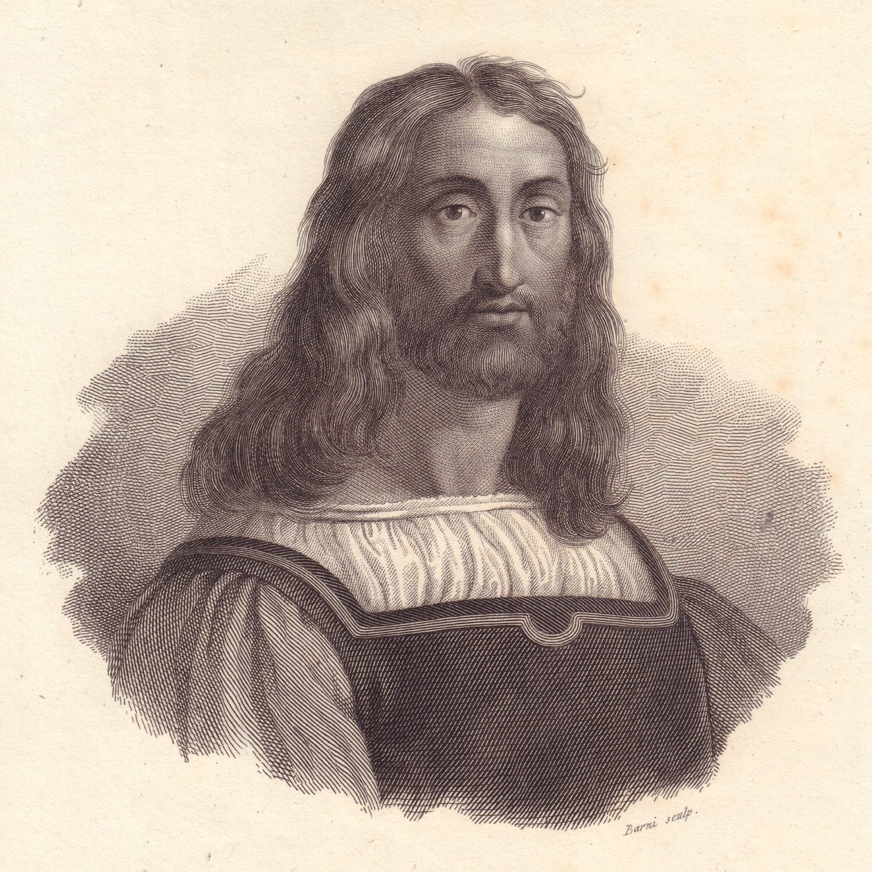 Portræt af den italienske gravør Marcantonio Raimondi (1480-1534), kobberstik af Barni fra maleri af Raffaello Sanzio af J.B. and Brown J. Rowbotham