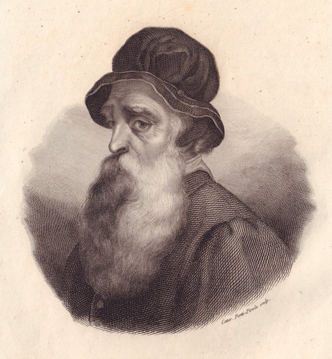 Portræt af den italienske billedhugger og guldsmed Benvenuto Cellini (1500-1571), kobberstik af Caterina Piotti-Pirola fra maleri af Giorgio Vasari af J.B. and Brown J. Rowbotham