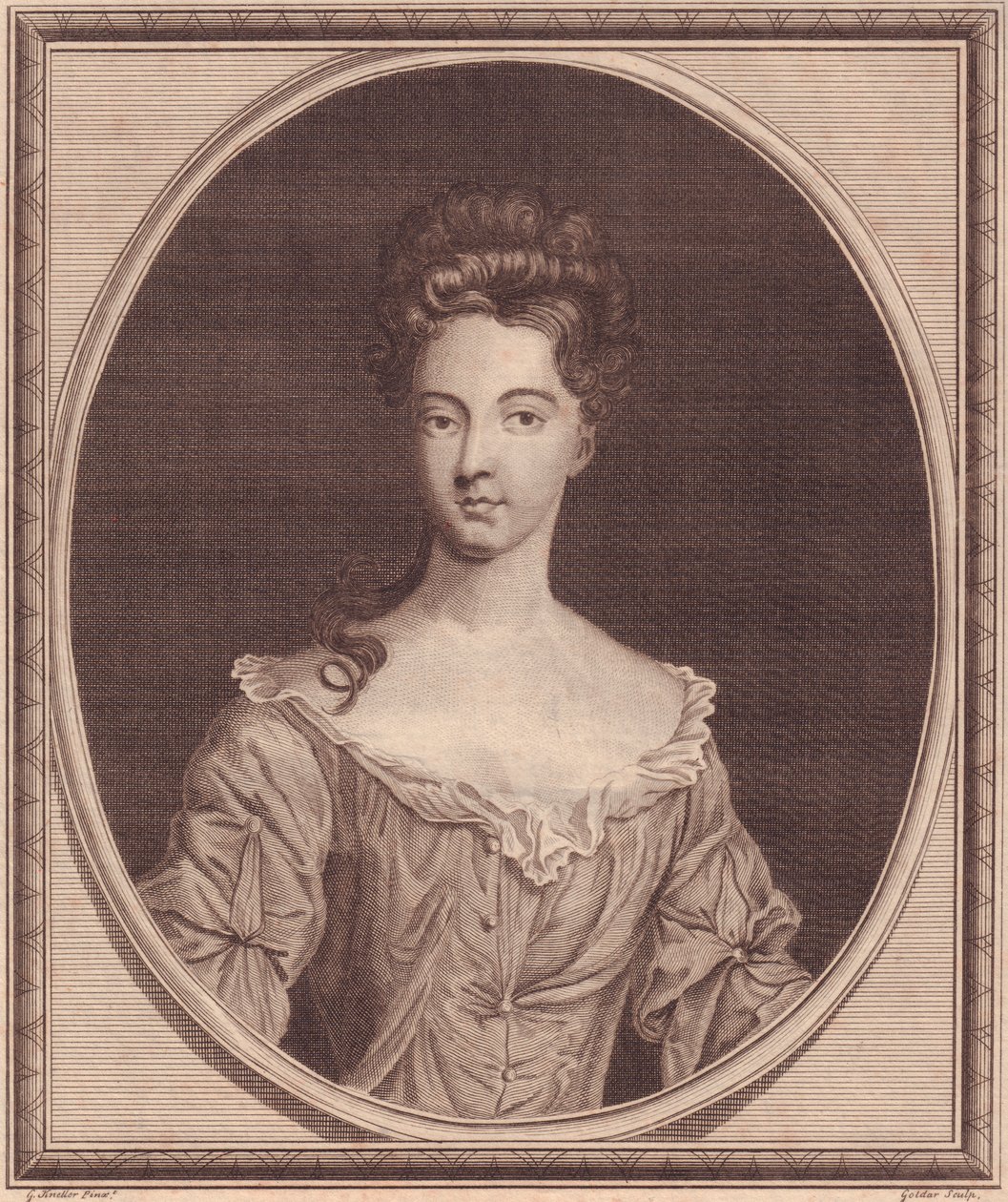Portræt af Margaret Cecil, grevinde af Ranelagh (1672 eller 1673-1728), kobberstik af John Goldar (1729-1795) fra maleri af G Kneller af J.B. and Brown J. Rowbotham