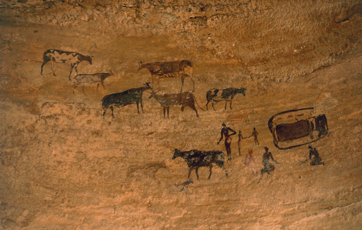 Scene i det daglige liv med husdyr, klippekunst, Tassili n