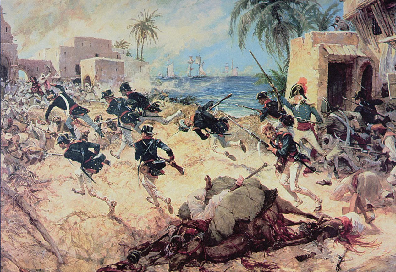 Amerikanske marinesoldater fanger Barbarys piratfæstning ved Derna, Tripoli, 27. april 1805 (akvarel på papir) af C.H. Waterhouse