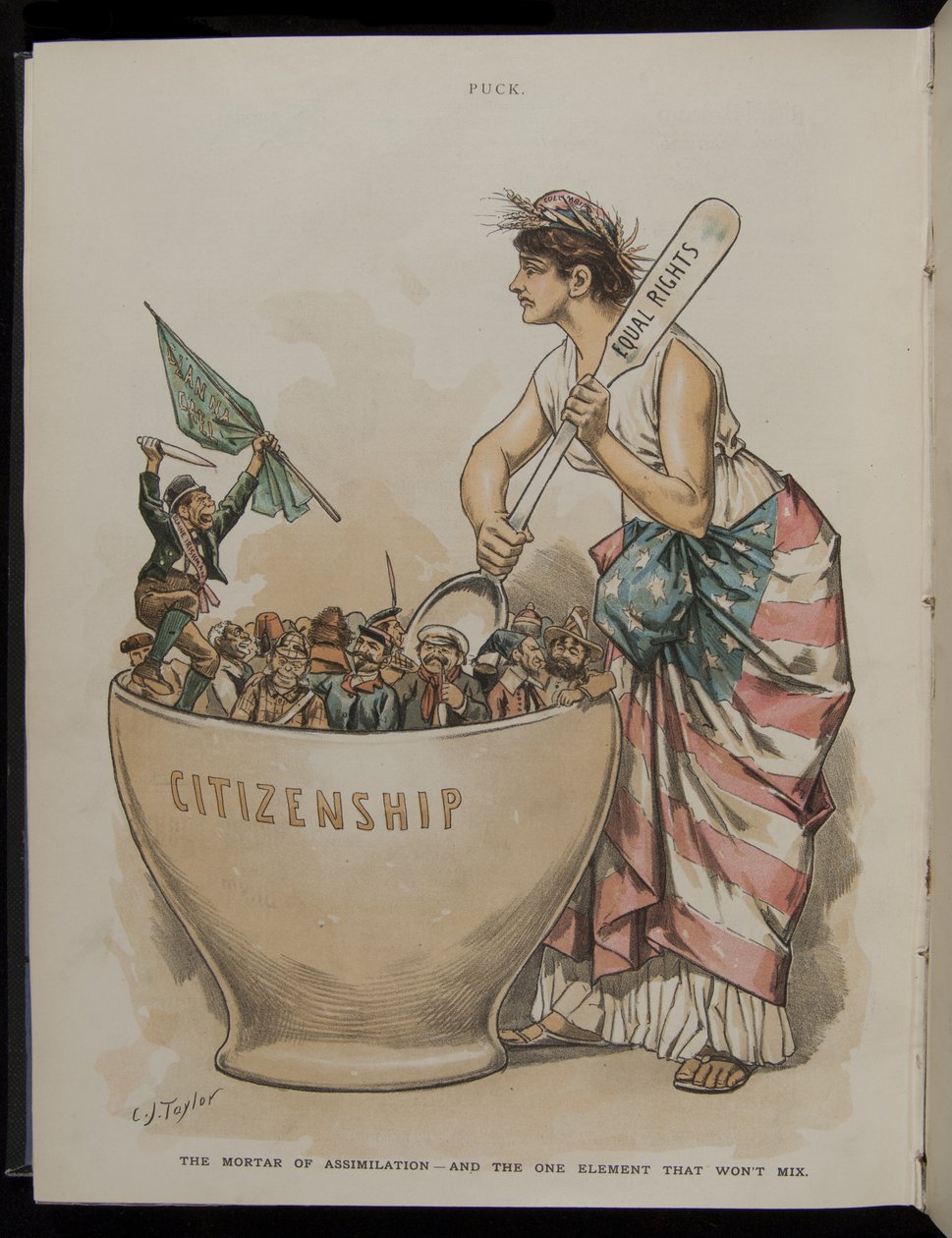 Assimilationens morter - And the One Element That Wont Mix, illustration fra Puck Magazine, 26. juni, 1889 af C.J. Taylor