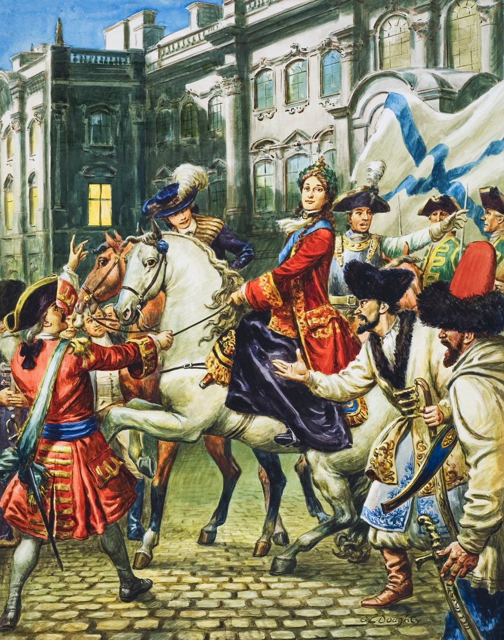 Katarina den Store (1729-96) bliver kejserinde af Rusland efter at have fået sin mand, zar Peter, fængslet (gouache på papir) af C.L. Doughty