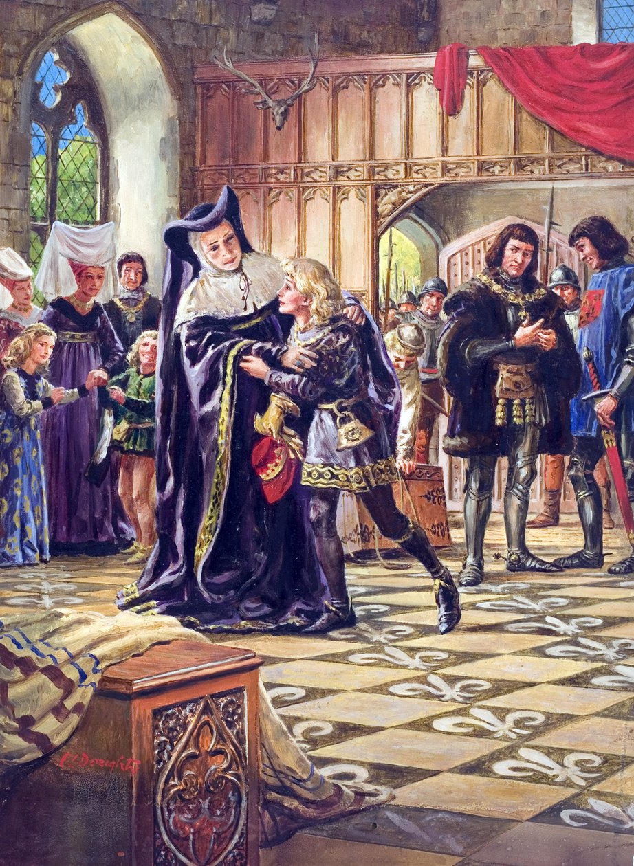 Edward V (1470-83) overdrages til hertugen af Gloucester (1452-85) (gouache på papir) af C.L. Doughty