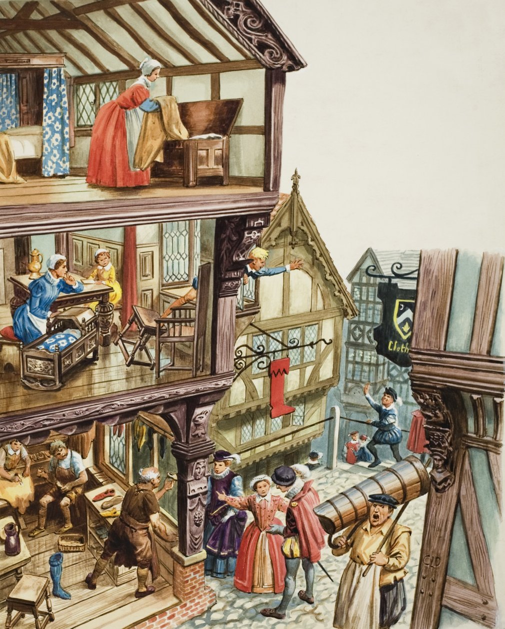 Elizabethansk bybillede (gouache på papir) af C.L. Doughty