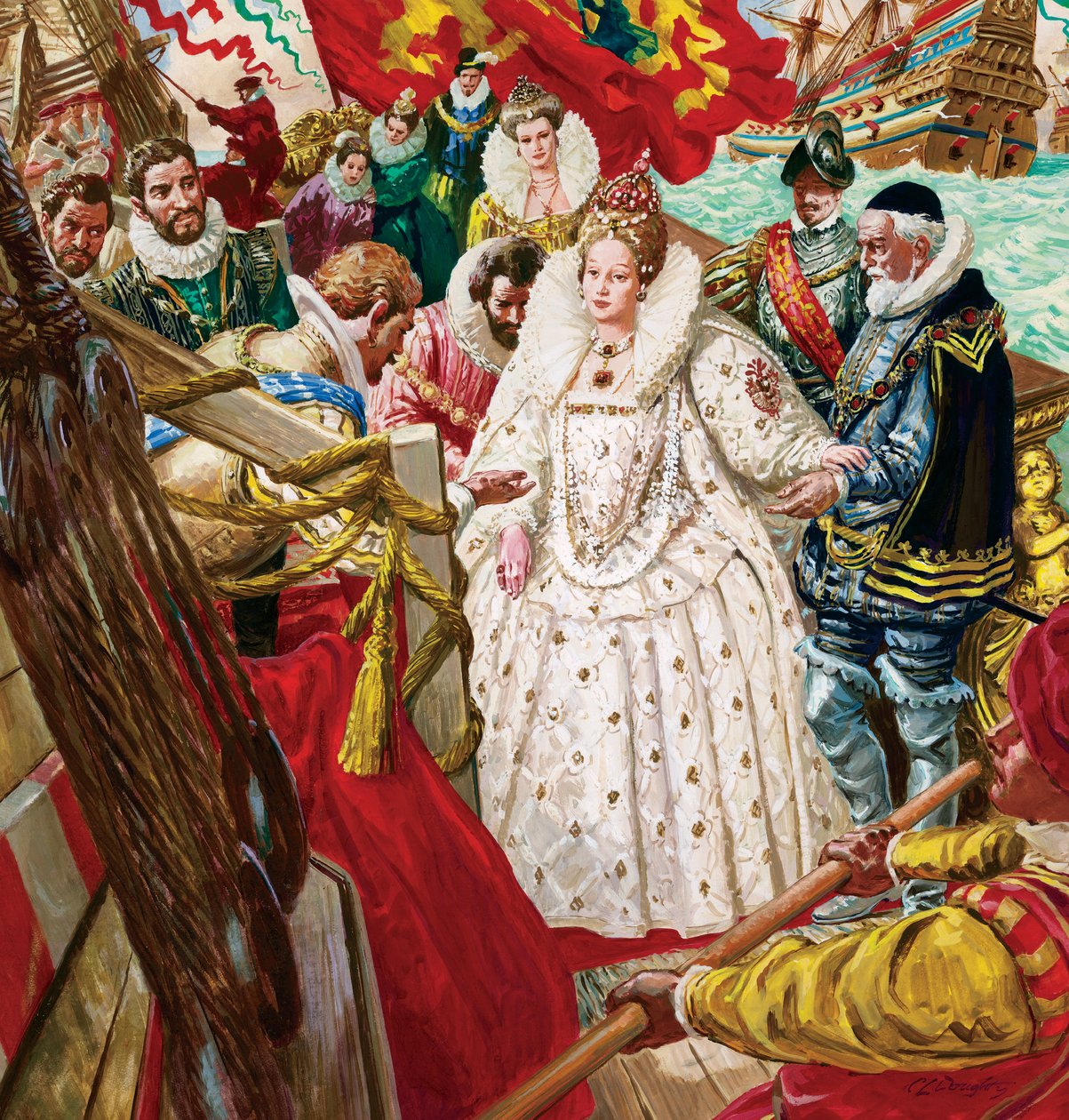 Dronning Elizabeth I (1530-1603) går i land, hjulpet af Sir Walter Raleigh (1554-1618) (gouache på papir) af C.L. Doughty