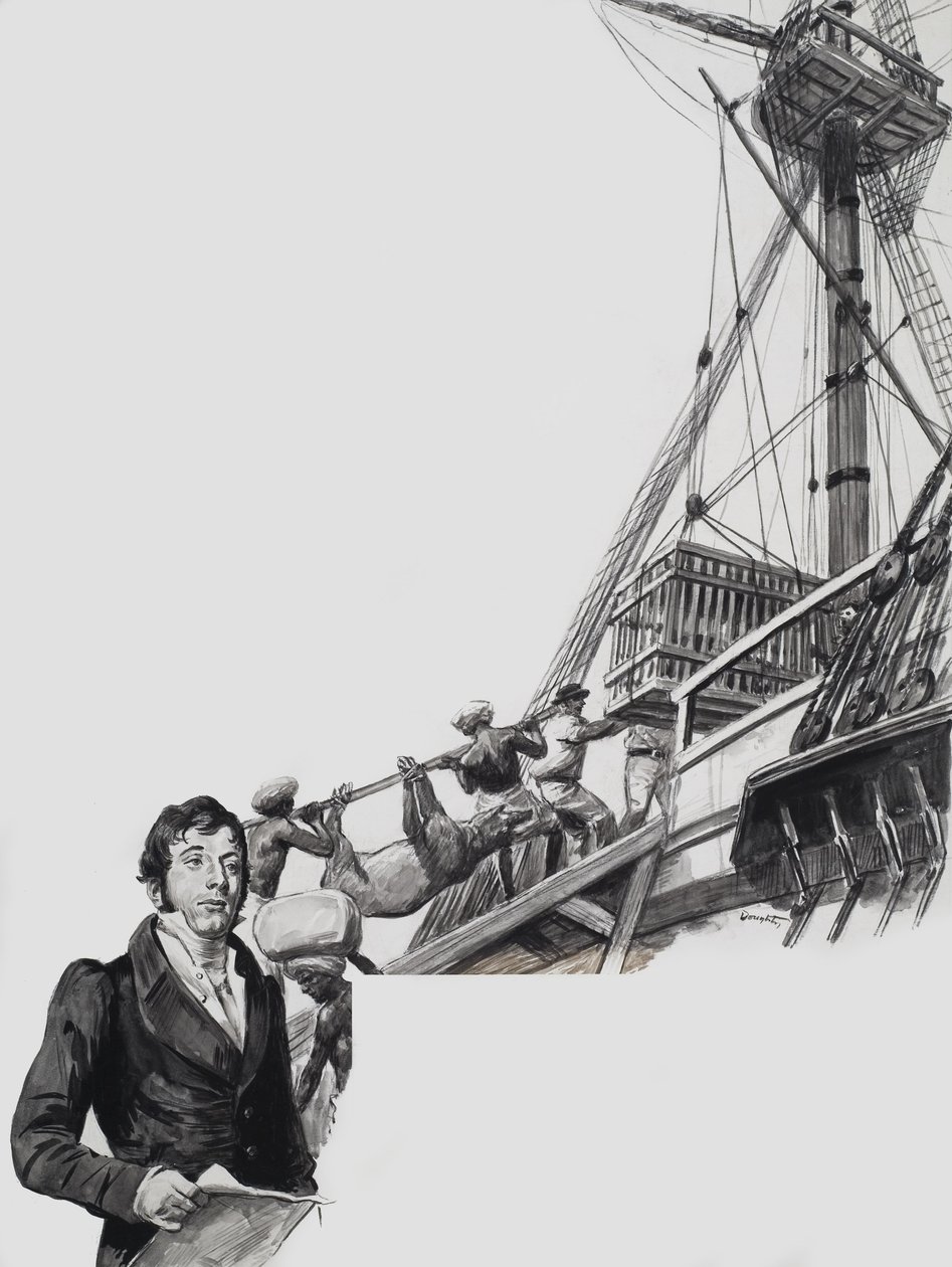 Raffles forlader Singapore (gouache på papir) af C.L. Doughty