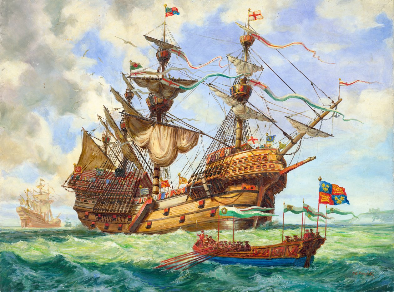 The Great Harry, flagskibet i kong Henriks flåde, med mange af sine 251 kanoner (gouache på papir) af C.L. Doughty