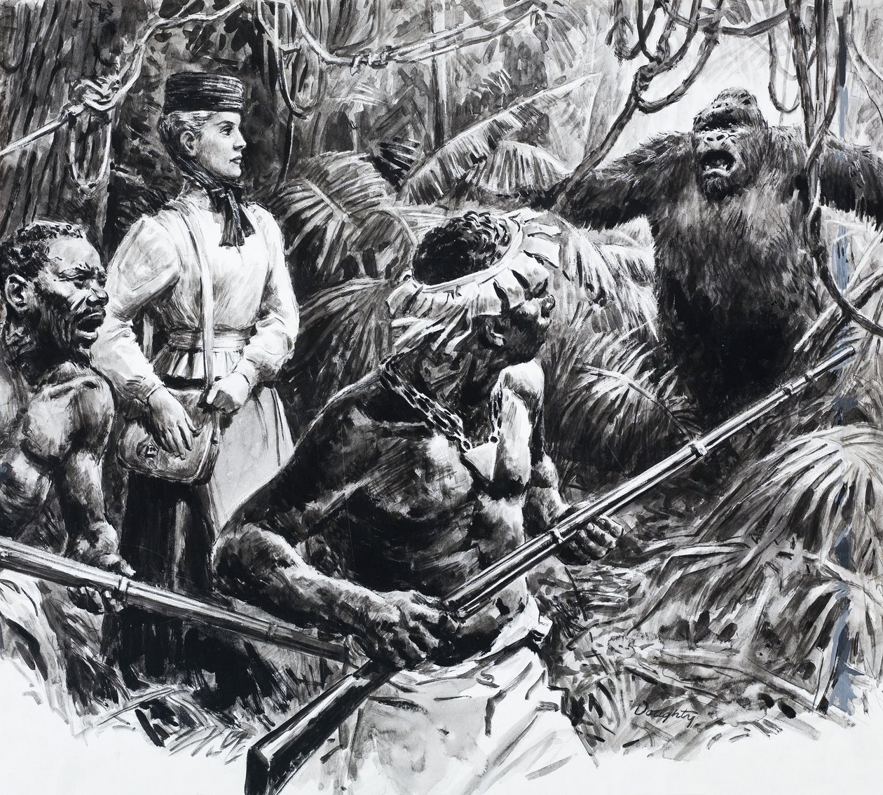 Den opdagelsesrejsende Mary Kingsley i Afrika (gouache på papir) af C.L. Doughty