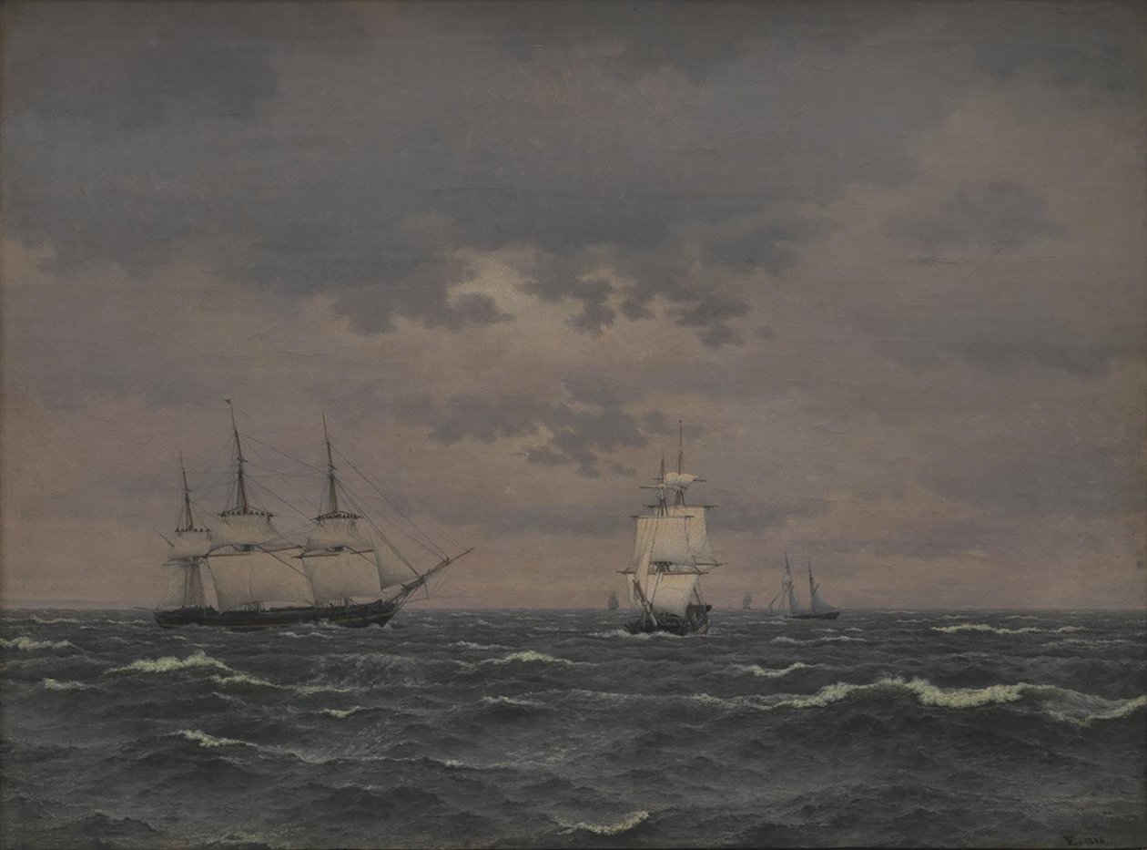 Et Corvette Reefing sejler i en opfriskende Vind og nogle andre Skibe af Christoffer Wilhelm Eckersberg
