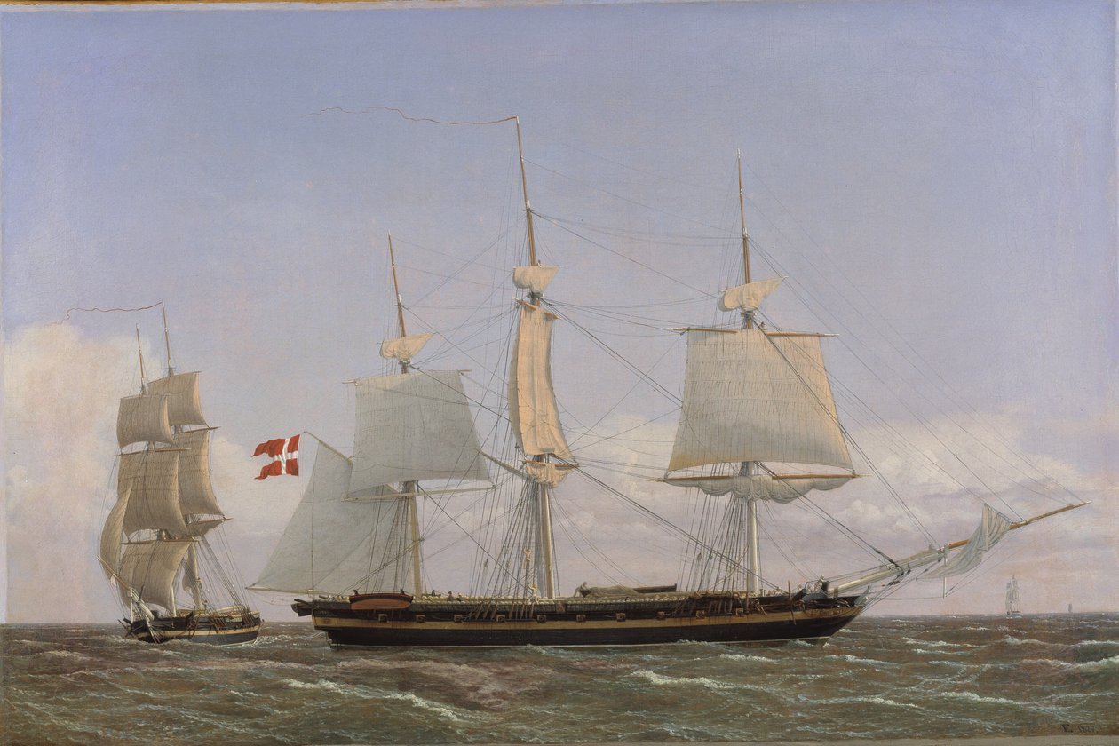 En dansk korvette lægger sig til for at konferere med en dansk brig: Scenen foregår i vestindiske farvande af Christoffer Wilhelm Eckersberg