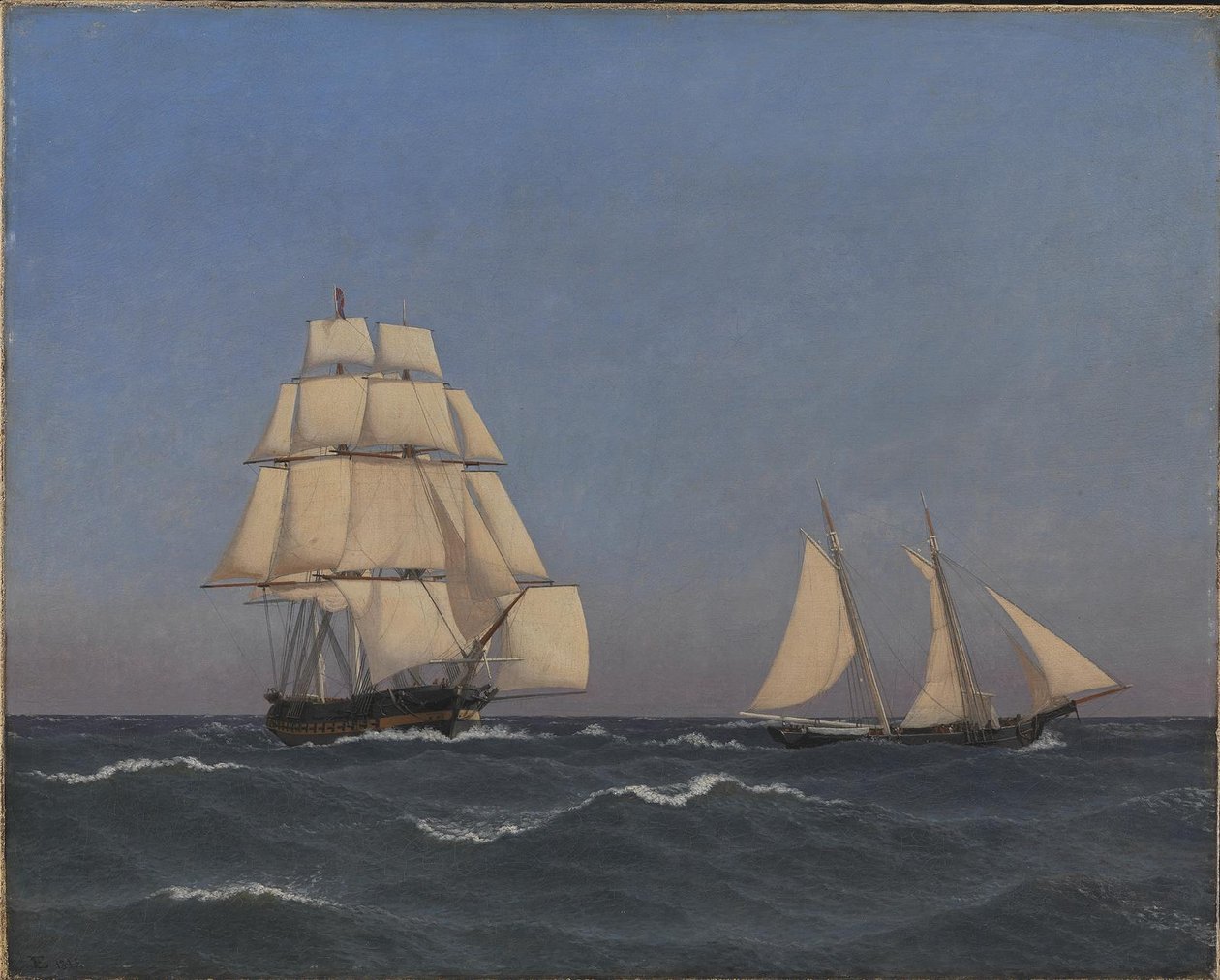 En privatmand, der sejler ud over en forfølgende fregat af Christoffer Wilhelm Eckersberg