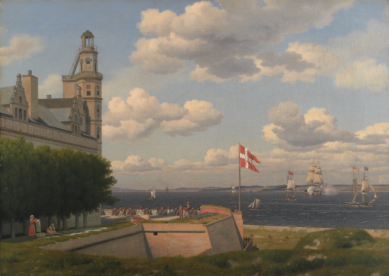 Udsigt mod den svenske kyst fra voldene på Kronborg Slot af Christoffer Wilhelm Eckersberg
