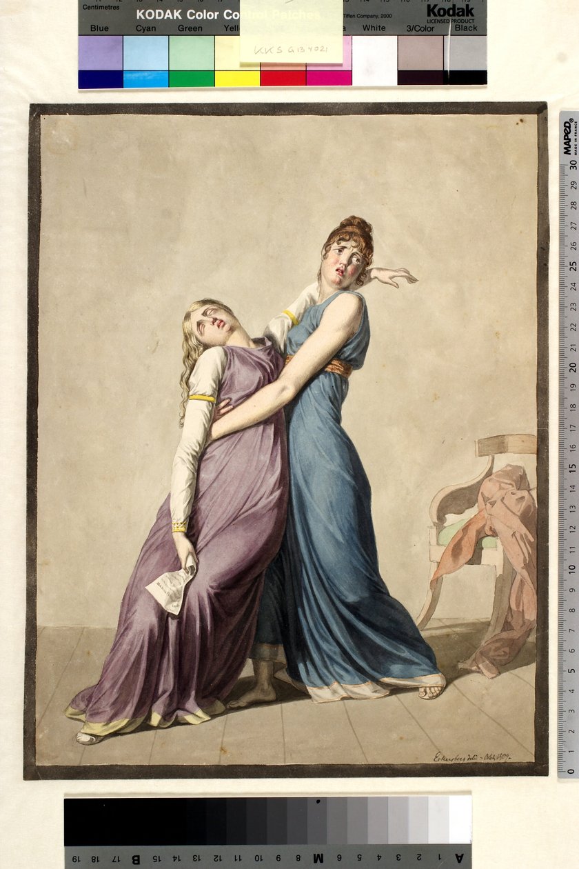 En kvinde støtter en anden kvinde, der er besvimet ved at læse et brev af Christoffer Wilhelm Eckersberg