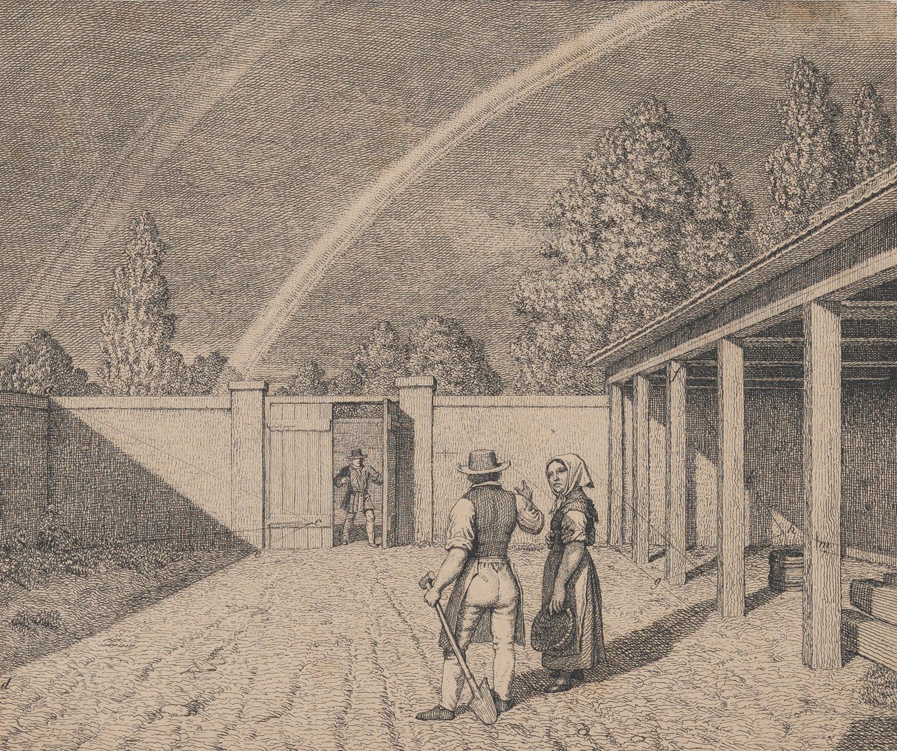 Et par samtaler i en staldgård, med en dobbelt regnbue over hovedet, fra 