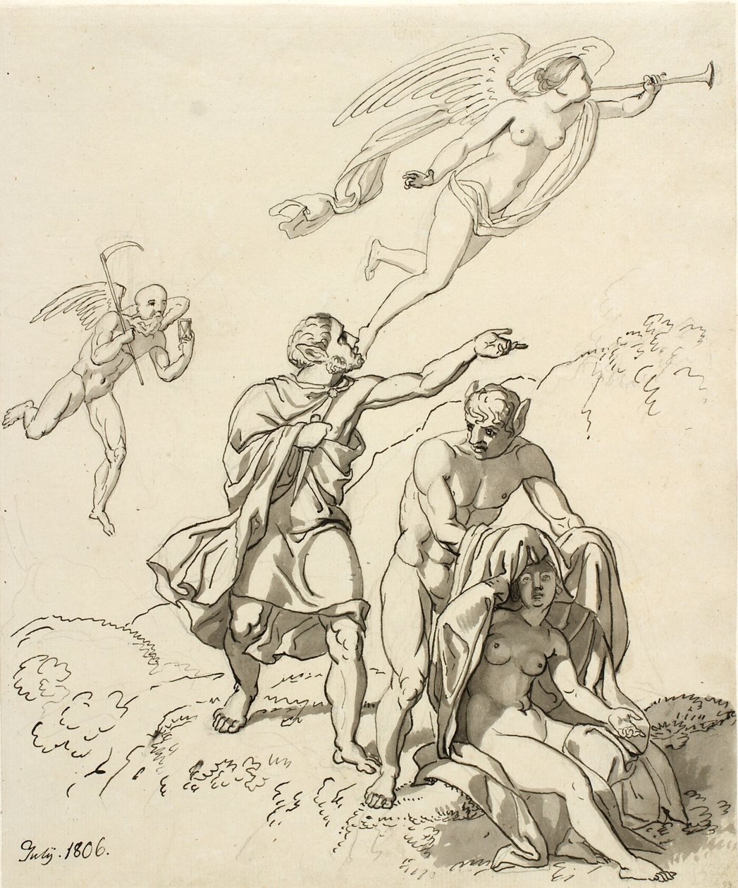 Allegorisk komposition; et par unge mænd med æselører og en siddende nøgen kvinde, i baggrunden Tiden og Fauna svævende af Christoffer Wilhelm Eckersberg