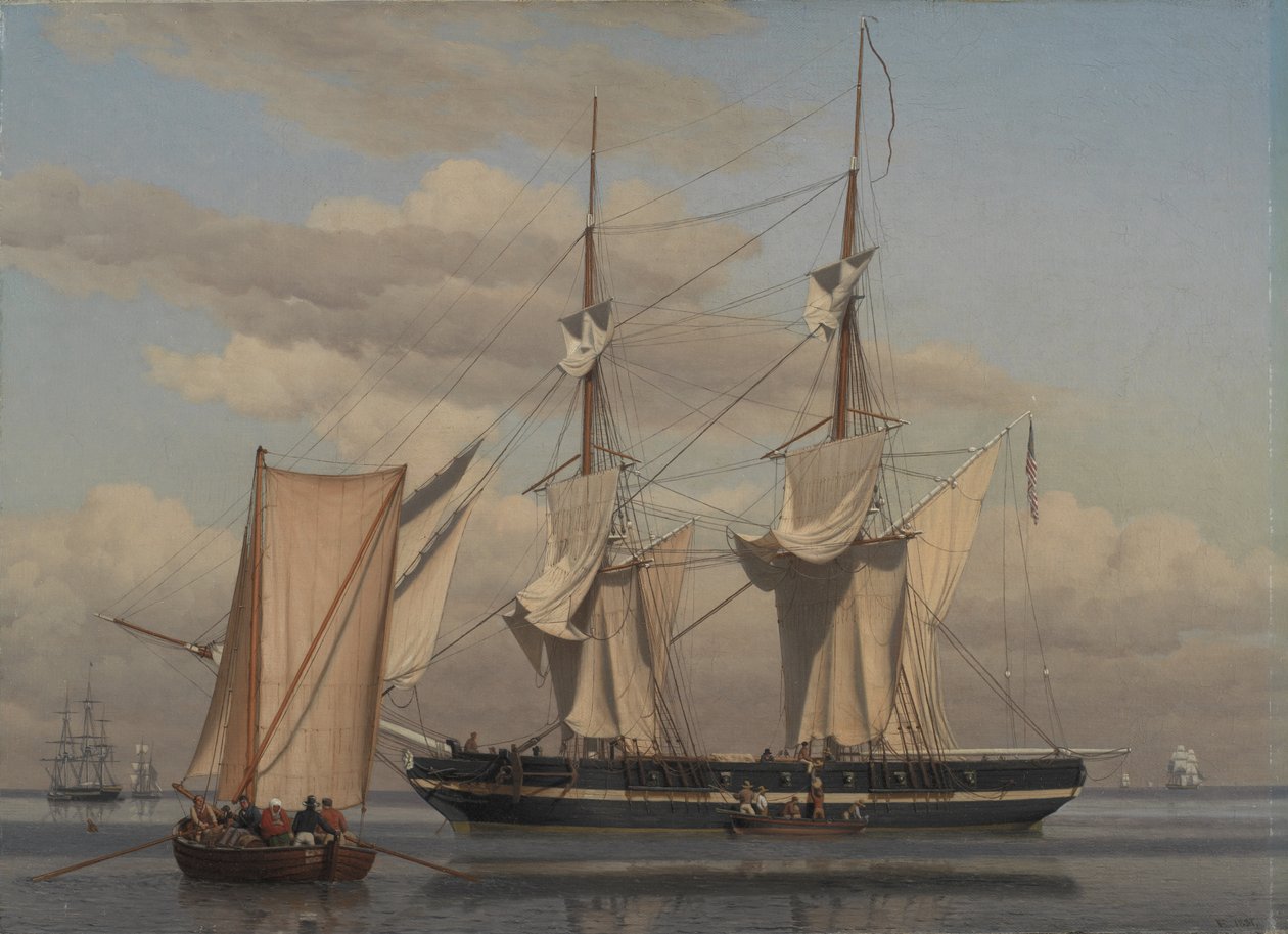 En amerikansk flådebrig ligger for anker, mens hendes sejl tørrer af Christoffer Wilhelm Eckersberg