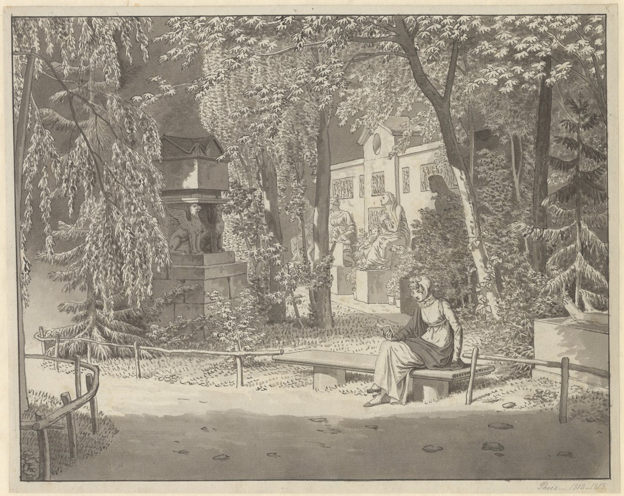 Ved Descartes og Condes grave i Jardin Elysée des Petits Augustins, Paris af Christoffer Wilhelm Eckersberg