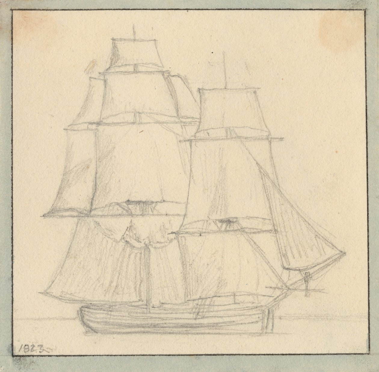 En brig med læsejl på stortoppen. af Christoffer Wilhelm Eckersberg